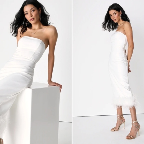 LULU's Bachelorette Engagement Bridal Sexy Feather Hem Midi Dress - Picture 4 of 4
